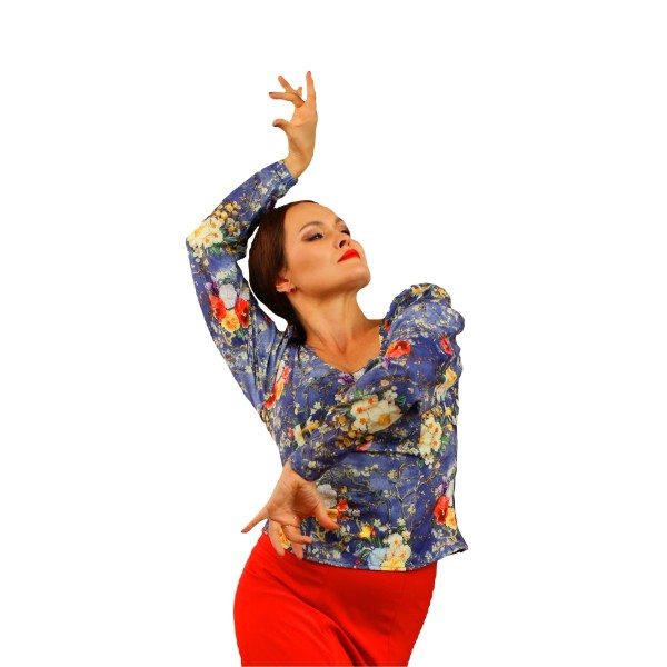Flamenco Top - Dark Blue - Flowers - Puff Sleeves - ALBOREA 05