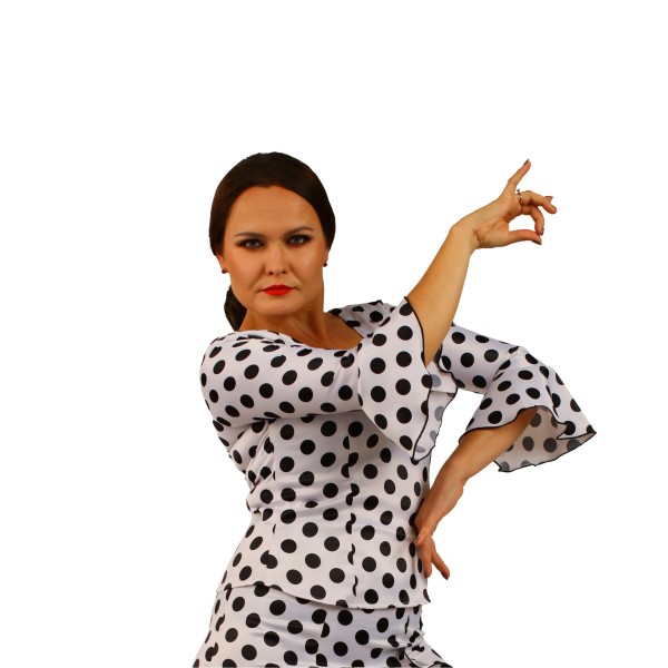 Flamenco Top - White - Polka Dots - 3/4 Ruffle Sleeves - ALEGRIA 03