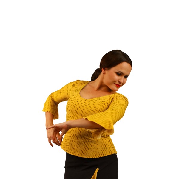 Flamenco Top - Yellow - Polka Dots - 3/4 Ruffle Sleeves ALEGRIA 04