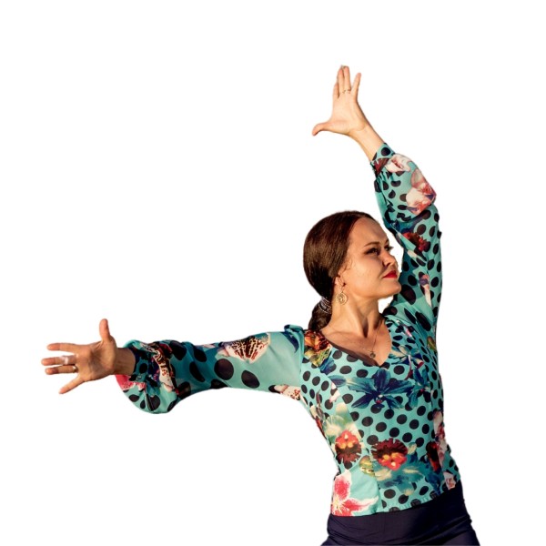 Flamenco Top - Turquoise - Polka Dots - Flowers -  Long Chiffon Sleeves - SIGUIRIYA 04